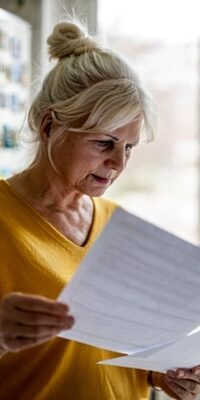 Eine Frau steht vor einem Fenster und hält Formulare in der Hand
