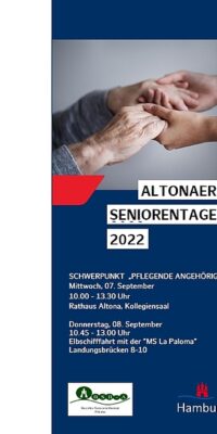 Vorderseite Faltblatt zu den Seniorentagen, Foto mit je einem jungen und einem alten Paar Hände, die sich berühren