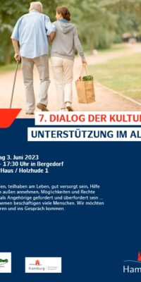 Deckblatt der Einladung zum 7. Dialog der Kulturen. Auf demFoto wird ein älterer Herr beim Gehen von einer jüngeren Frau unterstützt.